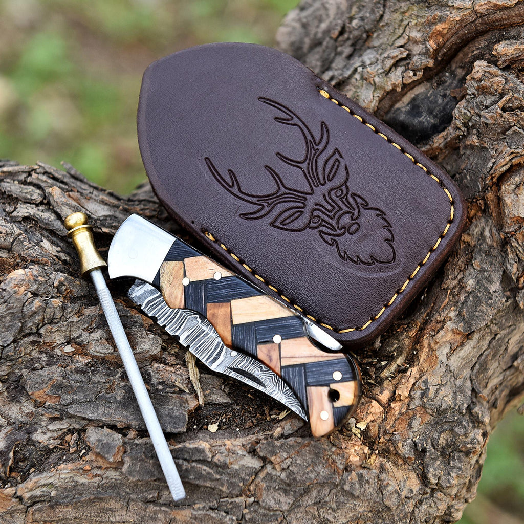 Handmade Damascus Pocket Knife Folding Knife Olive Wood Handle Birthday Gift Anniversary Wedding Personalized Gift for Men Groomsmen Gift