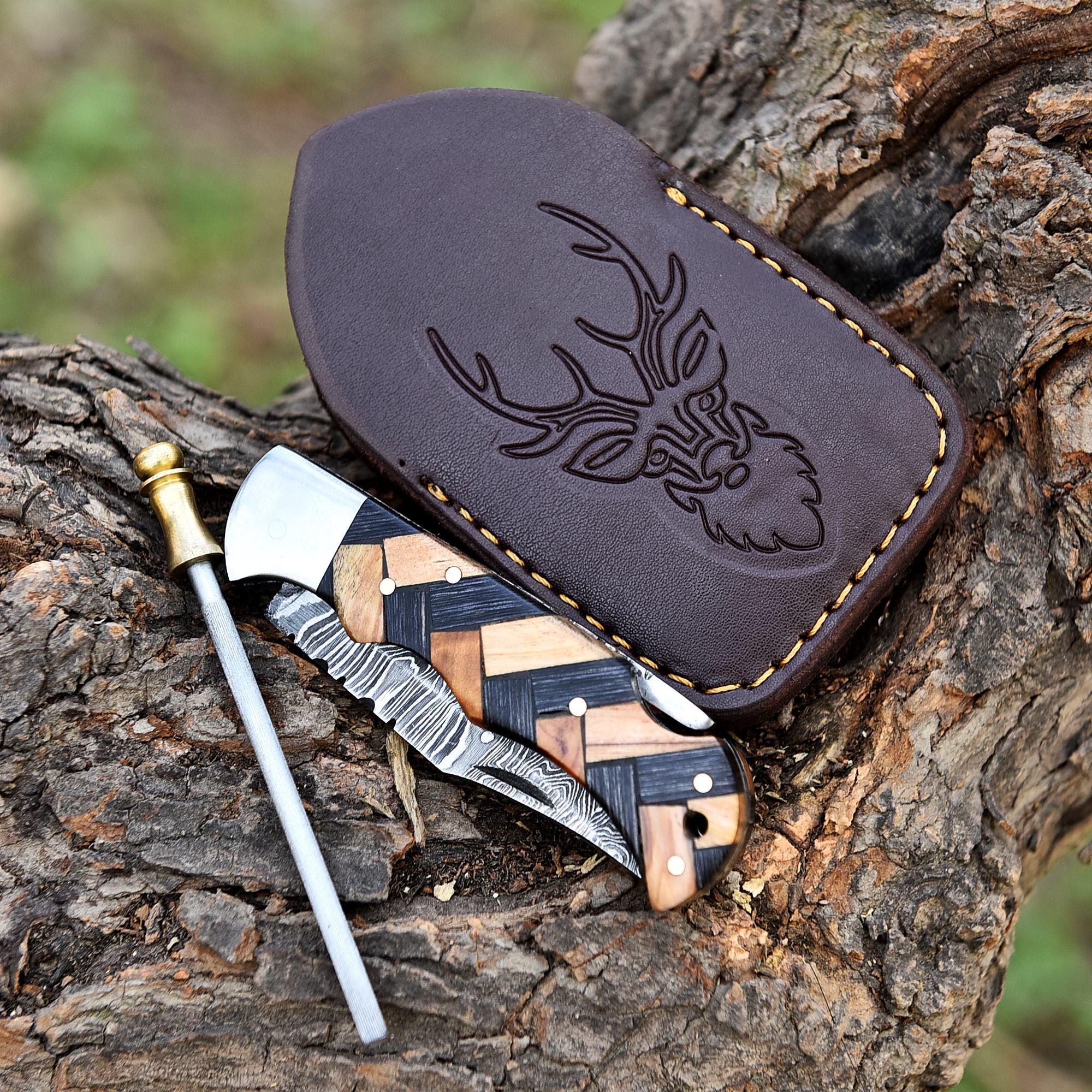Handmade Damascus Pocket Knife Folding Knife Olive Wood Handle Birthday Gift Anniversary Wedding Personalized Gift for Men Groomsmen Gift