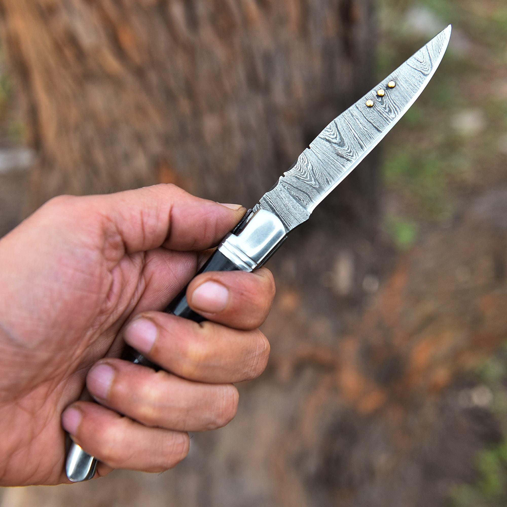 Handmade Damascus Folding Knife Pocket Knife Black Ram Horn Handle Birthday Gift Groomsmen Gift Anniversary Personalized Gift for Men