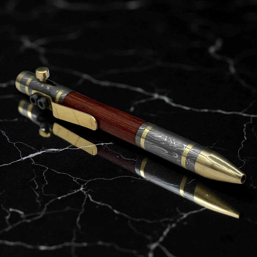 Handmade Damascus Steel Fountain Pen & Ballpoint Gift Set, Luxury Wood Pen with Brass Accents, Bolt Action, Personalized Retirement Gift