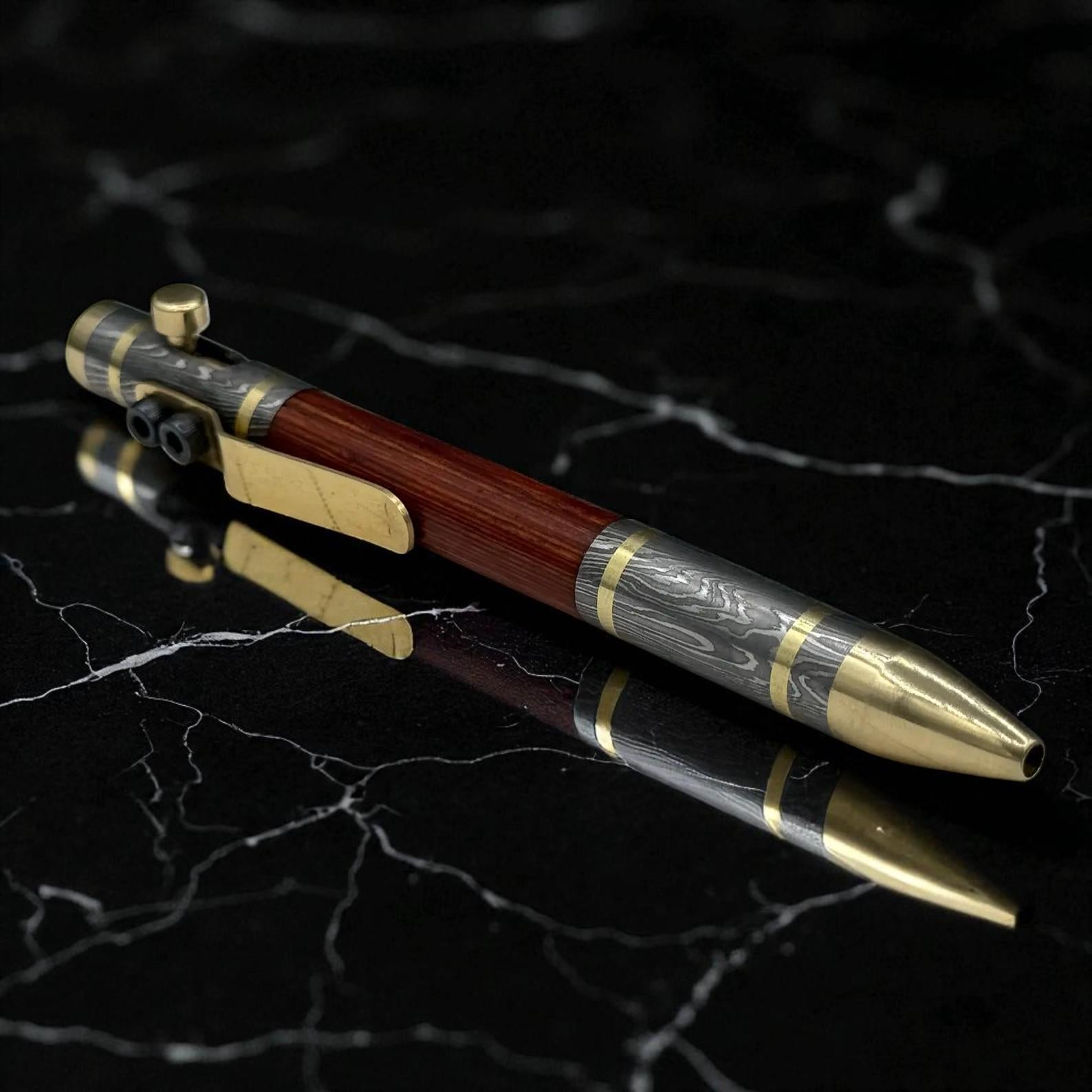 Handmade Damascus Steel Fountain Pen & Ballpoint Gift Set, Luxury Wood Pen with Brass Accents, Bolt Action, Personalized Retirement Gift