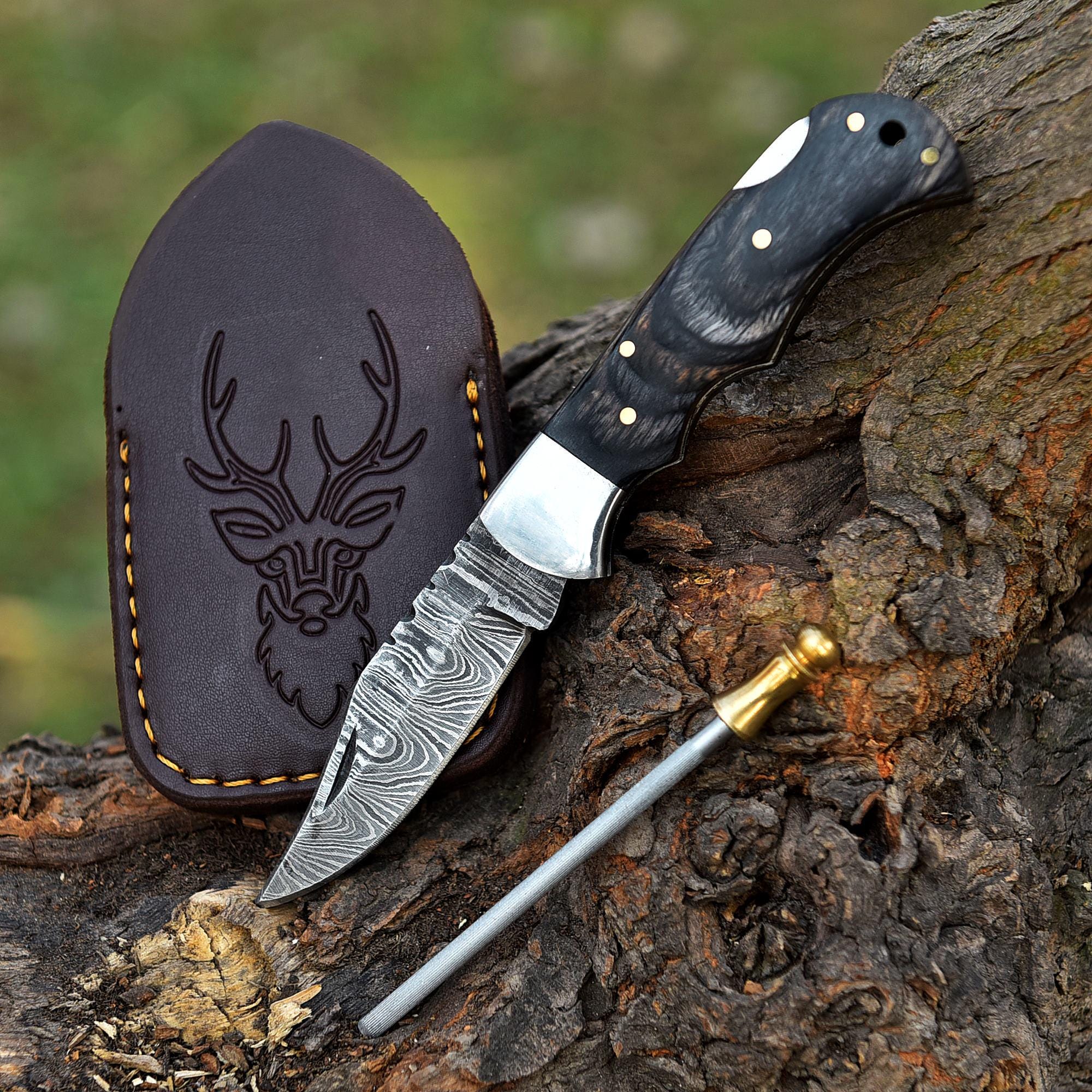 Premium Handmade Damascus Pocket Knife, Pakka Wood Handle, Folding Knife with Leather Sheath, Valorant Knife, Bread Knife, Fathers Day Gift