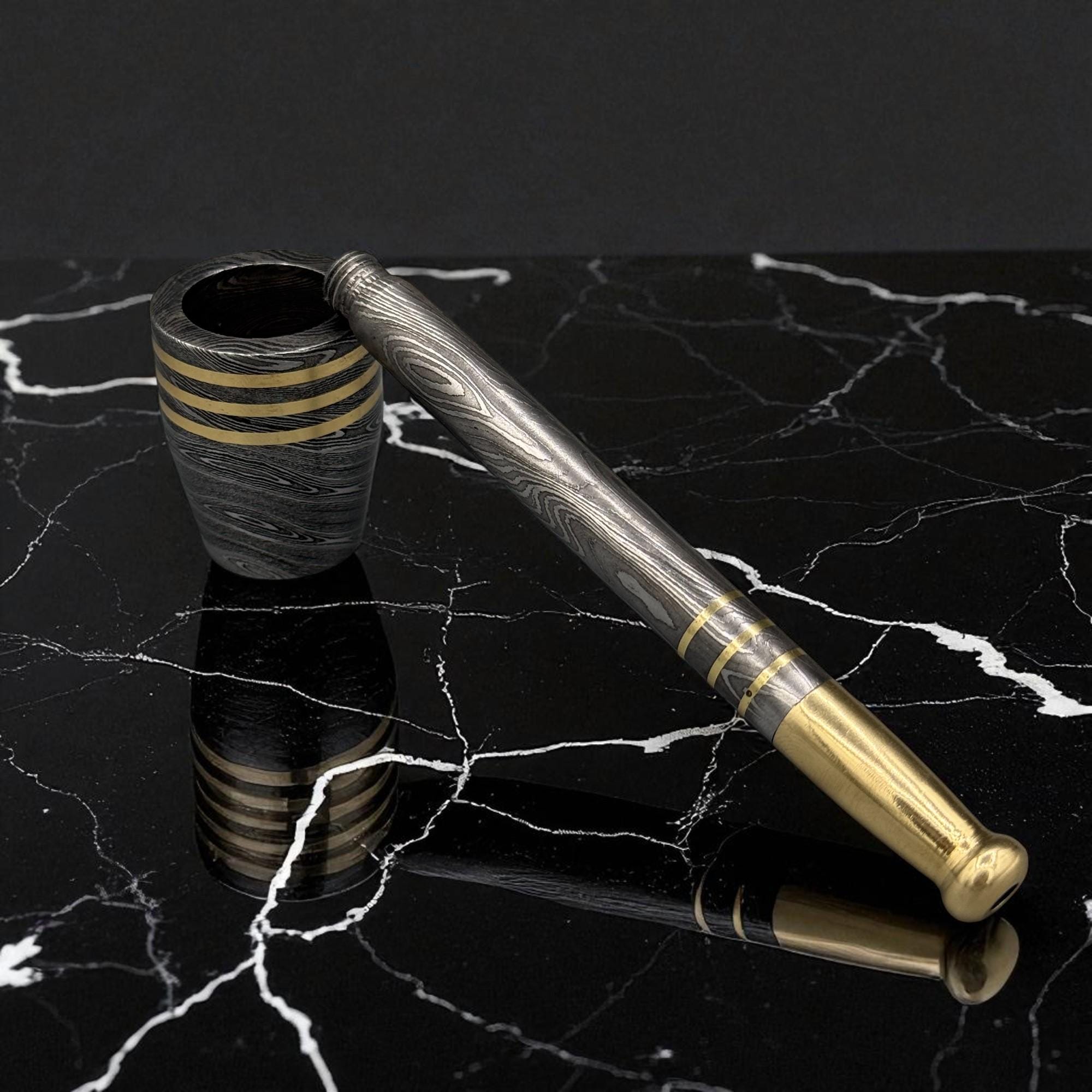 Handmade Damascus Steel Smoking Pipe with Brass, Tobacco Pipe, Mesh Gauze Filter, Custom Gift for Him, Groomsmen Gift, Unique Smoking Tool
