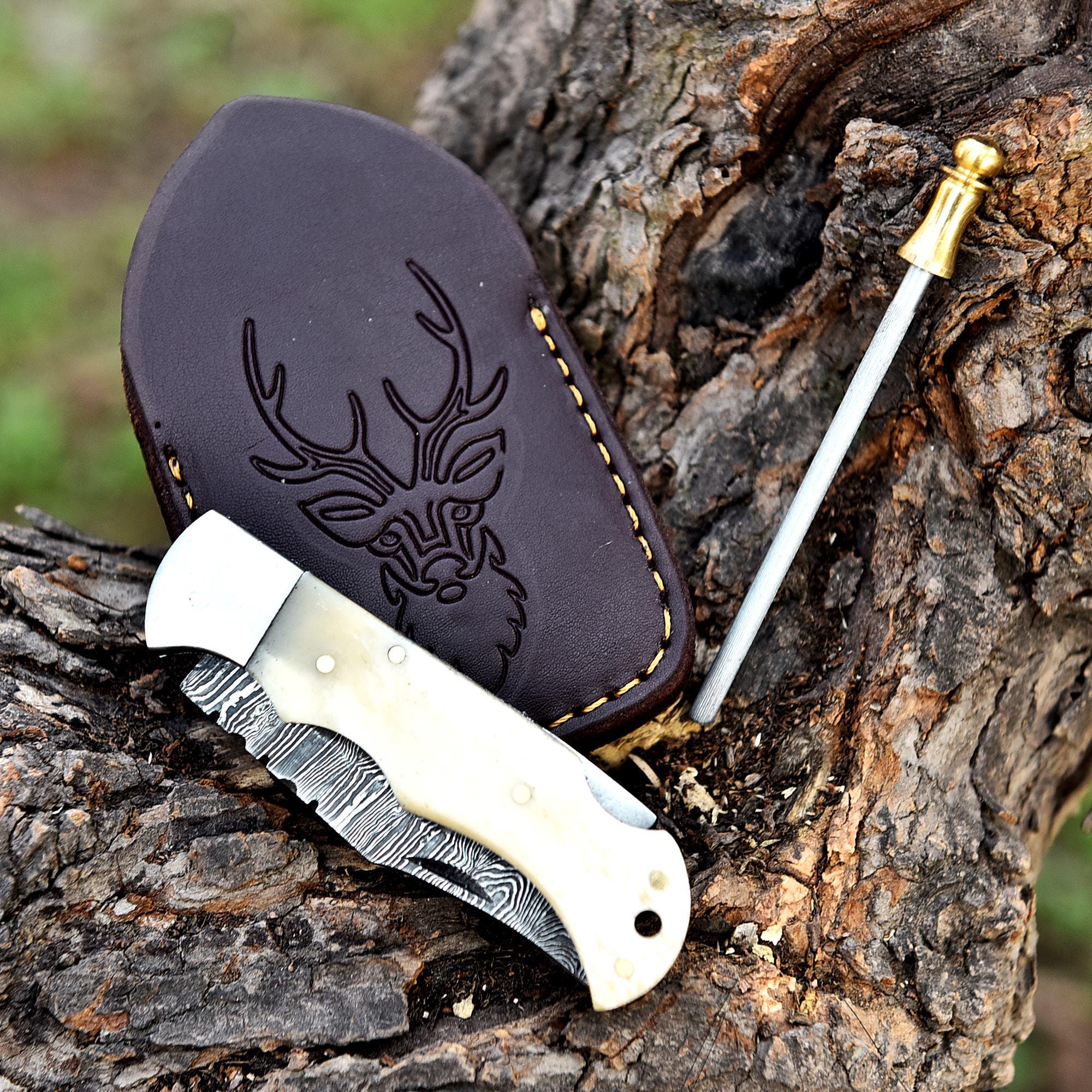 Bone Handmade Damascus Folding Knife Pocket knife Bone Handle Groomsman Gift Personalized Knife Birthday Gift Custom Knife Wedding Gift
