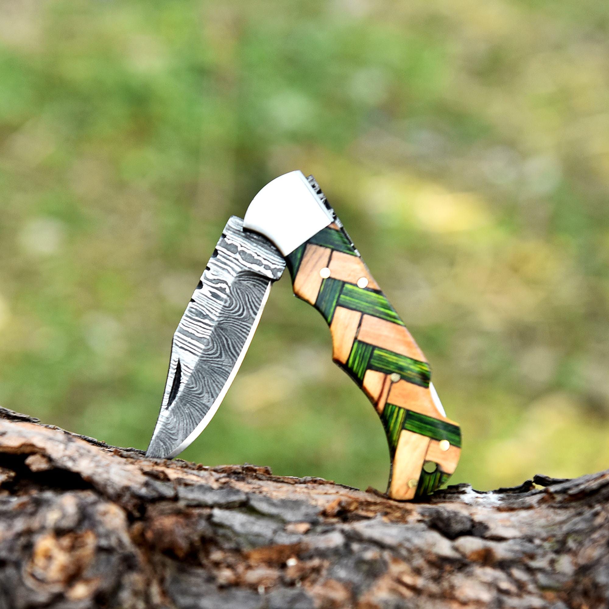 Handmade Damascus Folding Knife Pocket Knife Olive Wood Handle Birthday Gift Anniversary Wedding Personalized Gift for Men Groomsmen Gift