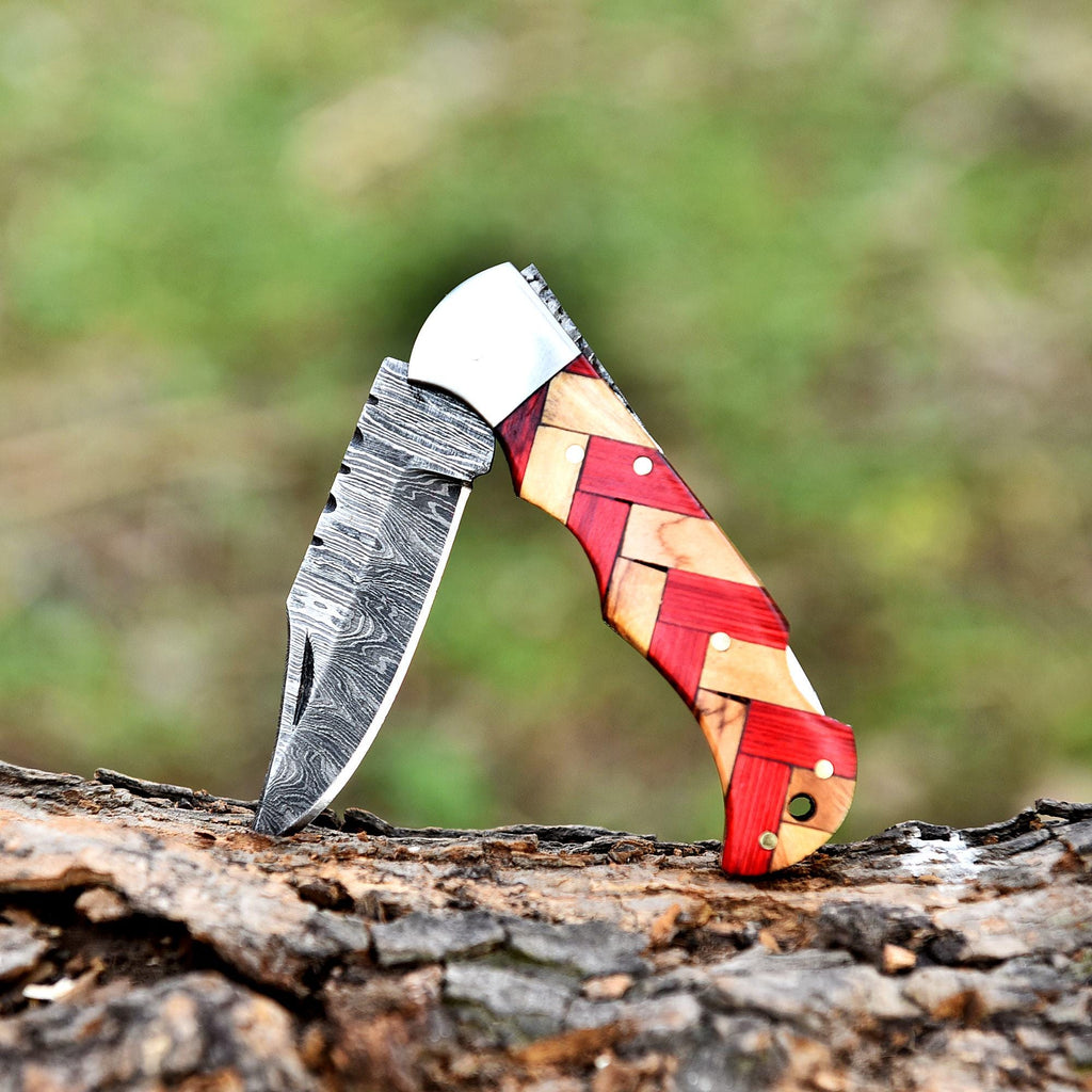Handmade Damascus Folding Knife Pocket Knife Olive Wood Handle Birthday Gift Anniversary Wedding Personalized Gift for Men Groomsmen Gift