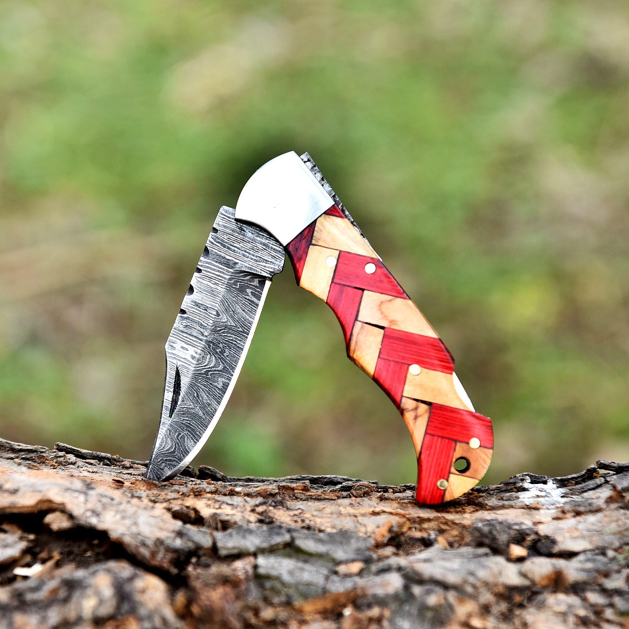 Handmade Damascus Folding Knife Pocket Knife Olive Wood Handle Birthday Gift Anniversary Wedding Personalized Gift for Men Groomsmen Gift