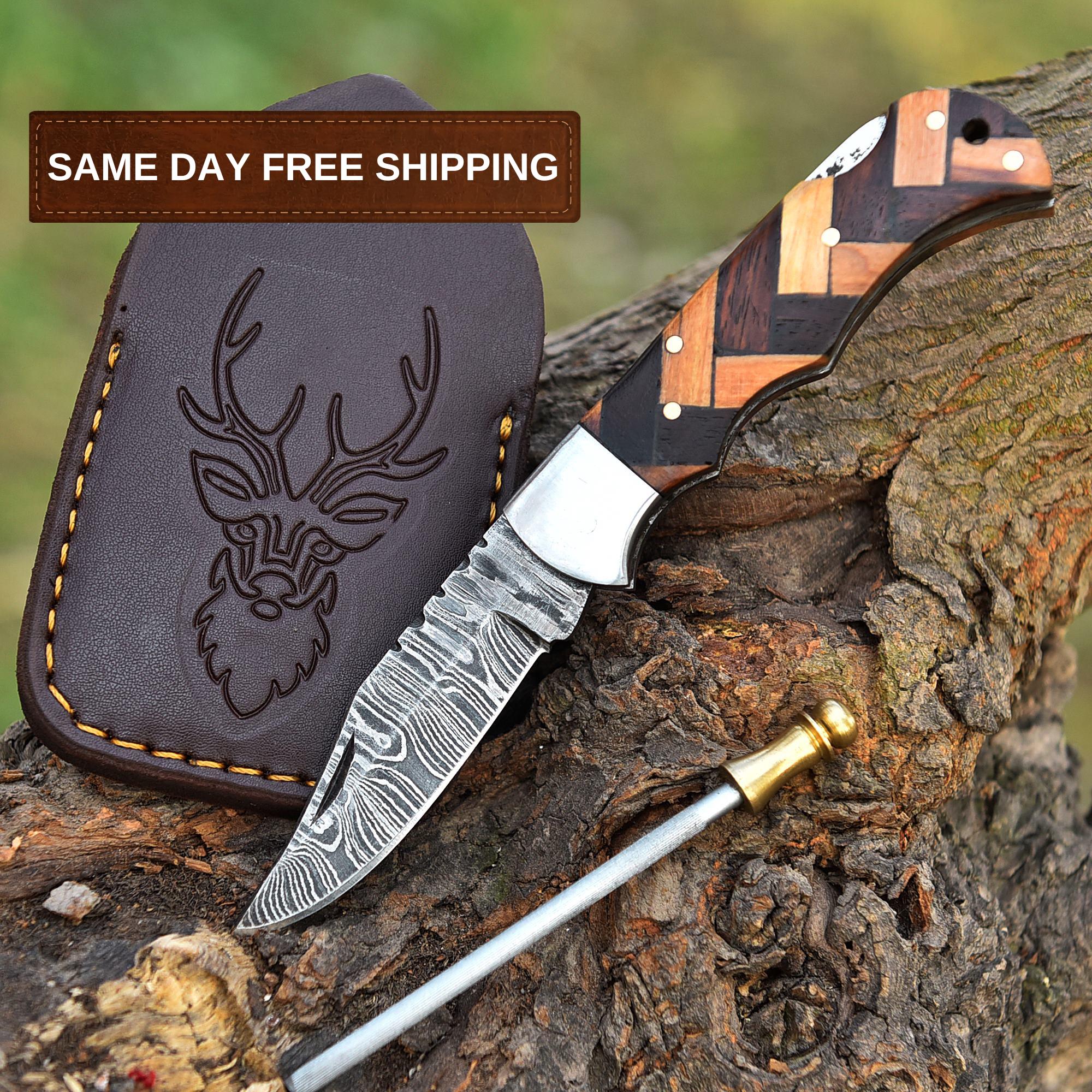 Handmade Damascus Pocket Knife Folding Knife Olive Wood Handle Birthday Gift Anniversary Wedding Personalized Gift for Men Groomsmen Gift