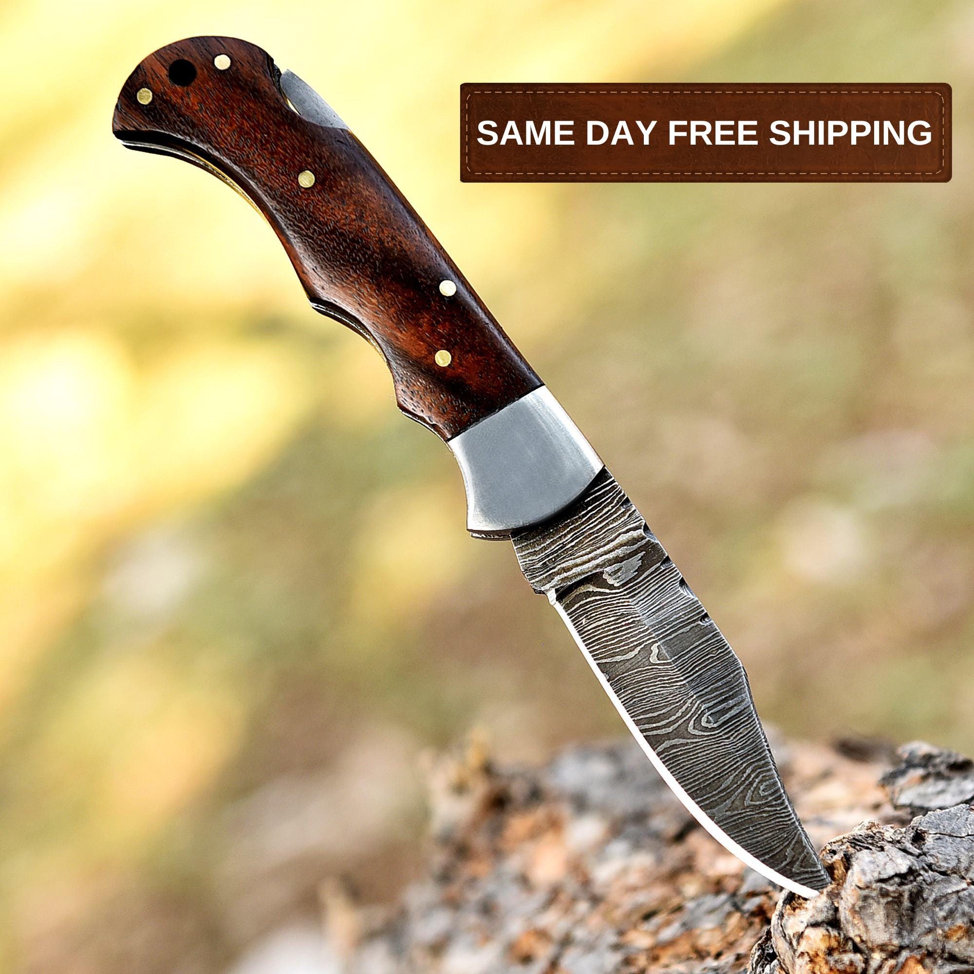 Handmade Damascus Pocket Knife Folding Knife Pakka Wood Handle Leather Sheath Birthday Gift Wedding Anniversary Personalized Gift For Men