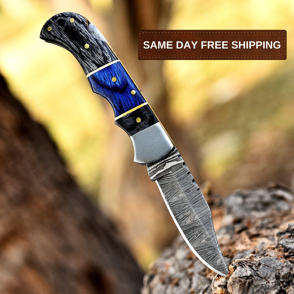 Premium Handmade Damascus Pocket Knife Folding Knife with Leather Sheath & Sharpener, Pakka Wood Handle, Chef knife, Valorant Knife