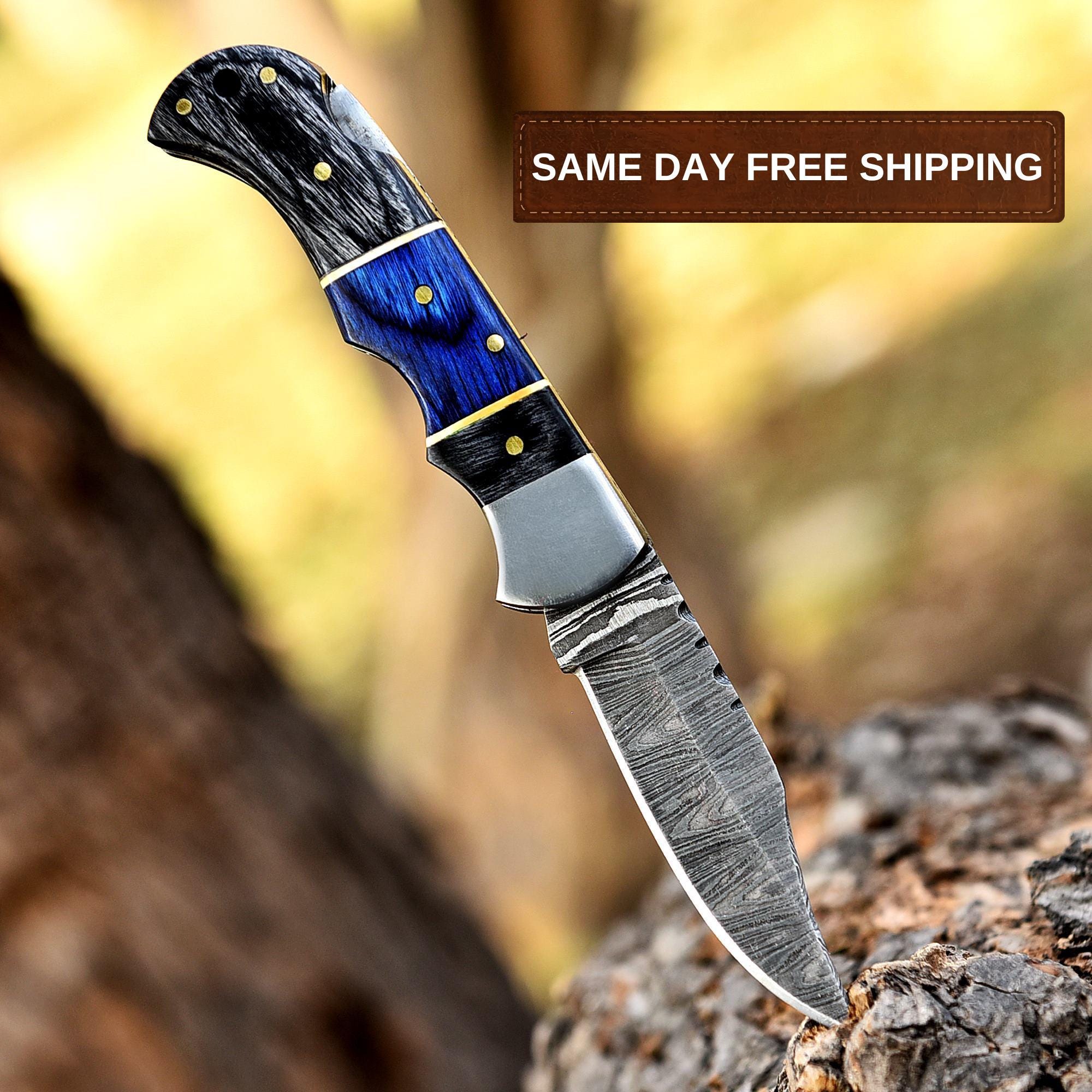 Premium Handmade Damascus Pocket Knife Folding Knife with Leather Sheath & Sharpener, Pakka Wood Handle, Chef knife, Valorant Knife