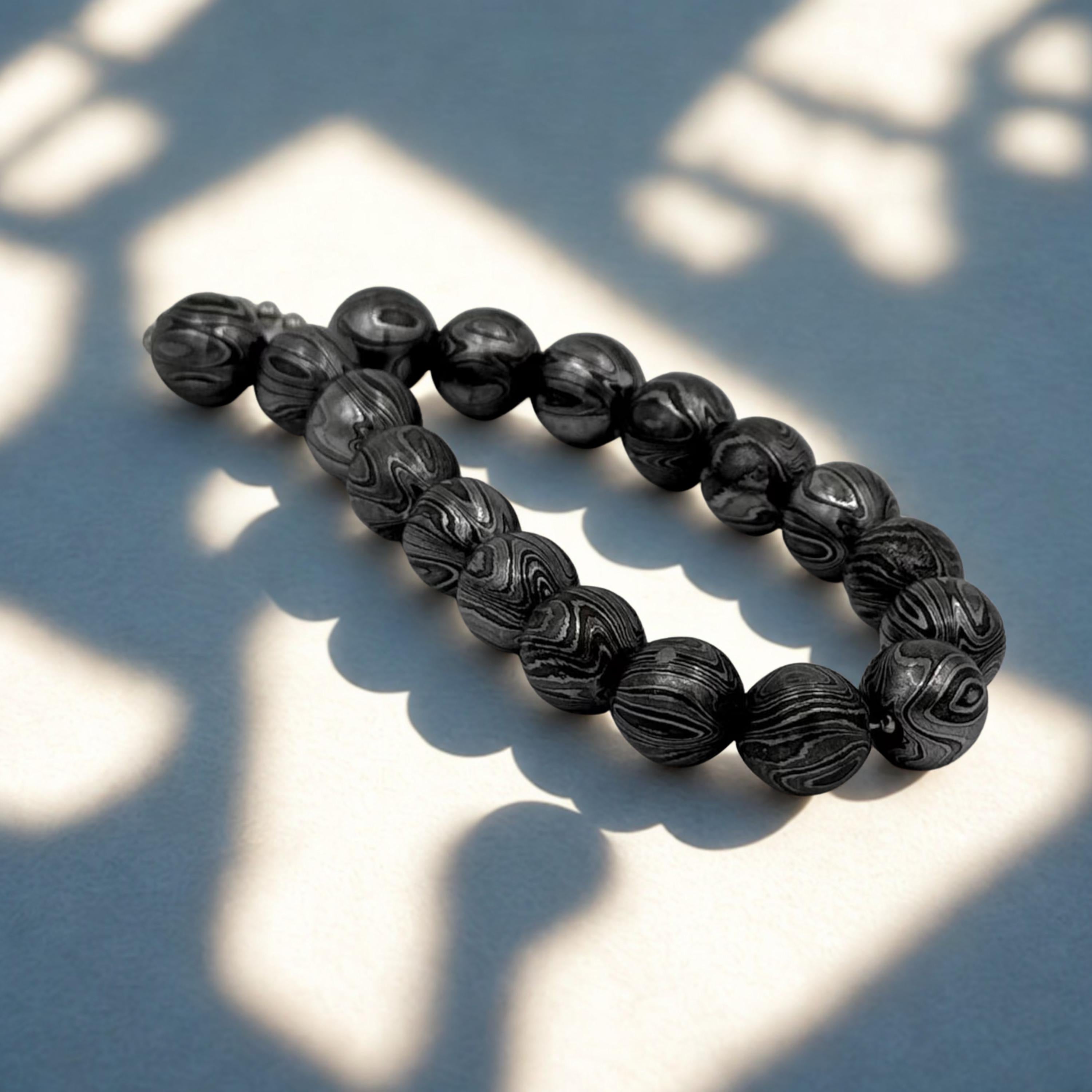 Premium Handmade Damascus Beaded Bracelet for Him - 12mm Beaded Bracelet - Damascus Steel Bangle - Viking Hand Forged Cuff - Meditation Toy