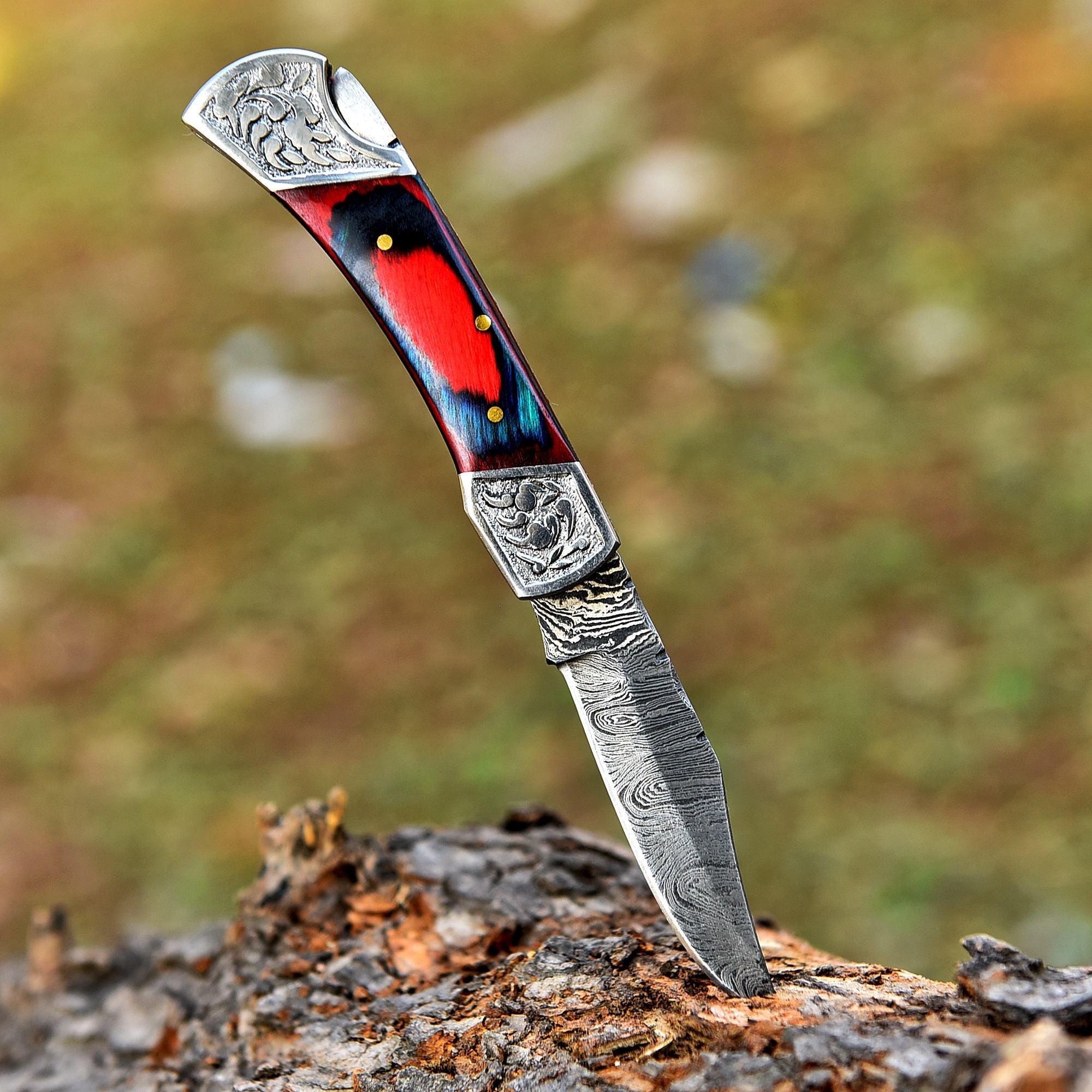 Handmade Damascus Steel Folding Knife, Pakka Wood Handle, Handmade Damascus Steel Toxified Pocket Knife, Camping Knife, Birthday gift