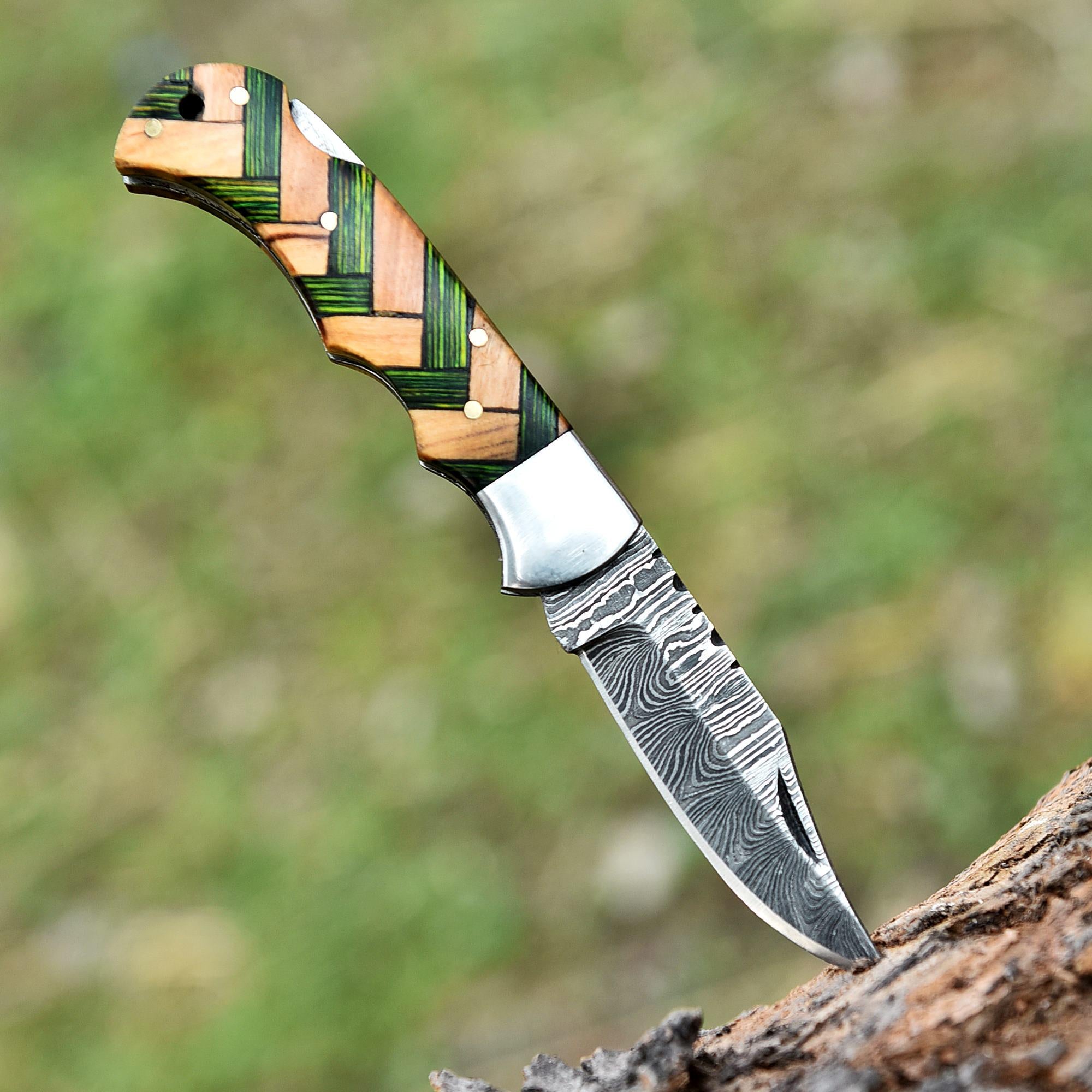Handmade Damascus Folding Knife Pocket Knife Olive Wood Handle Birthday Gift Anniversary Wedding Personalized Gift for Men Groomsmen Gift