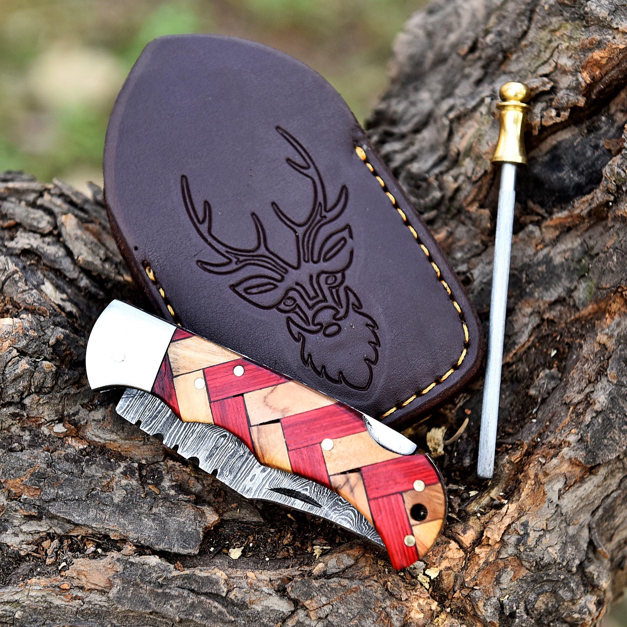 Handmade Damascus Folding Knife Pocket Knife Olive Wood Handle Birthday Gift Anniversary Wedding Personalized Gift for Men Groomsmen Gift