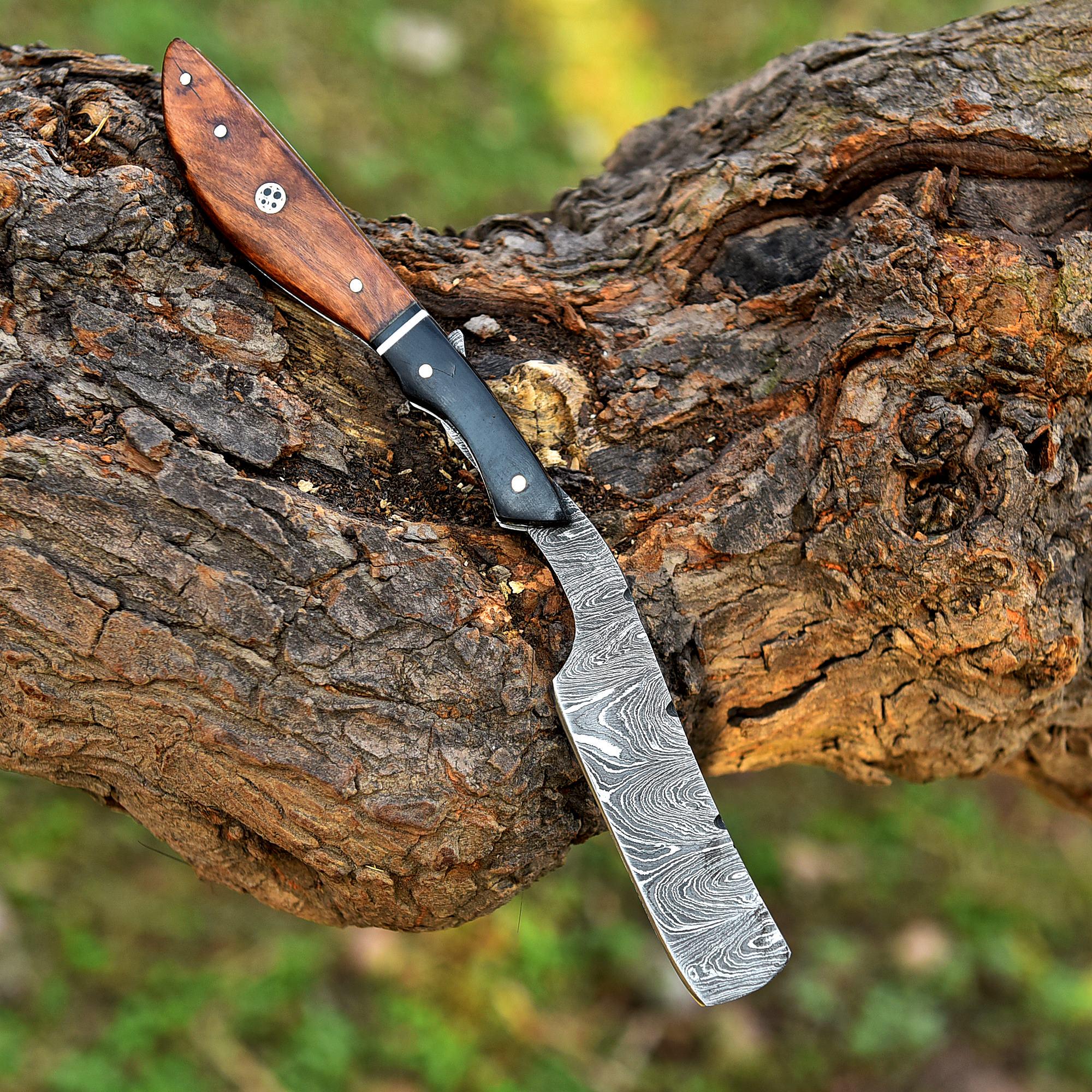 Aesthetic Handmade Damascus Steel Straight Razor With Black & Brown Pakka Wood Handle, Personalized Blade, Exotic Classic Barber Blade