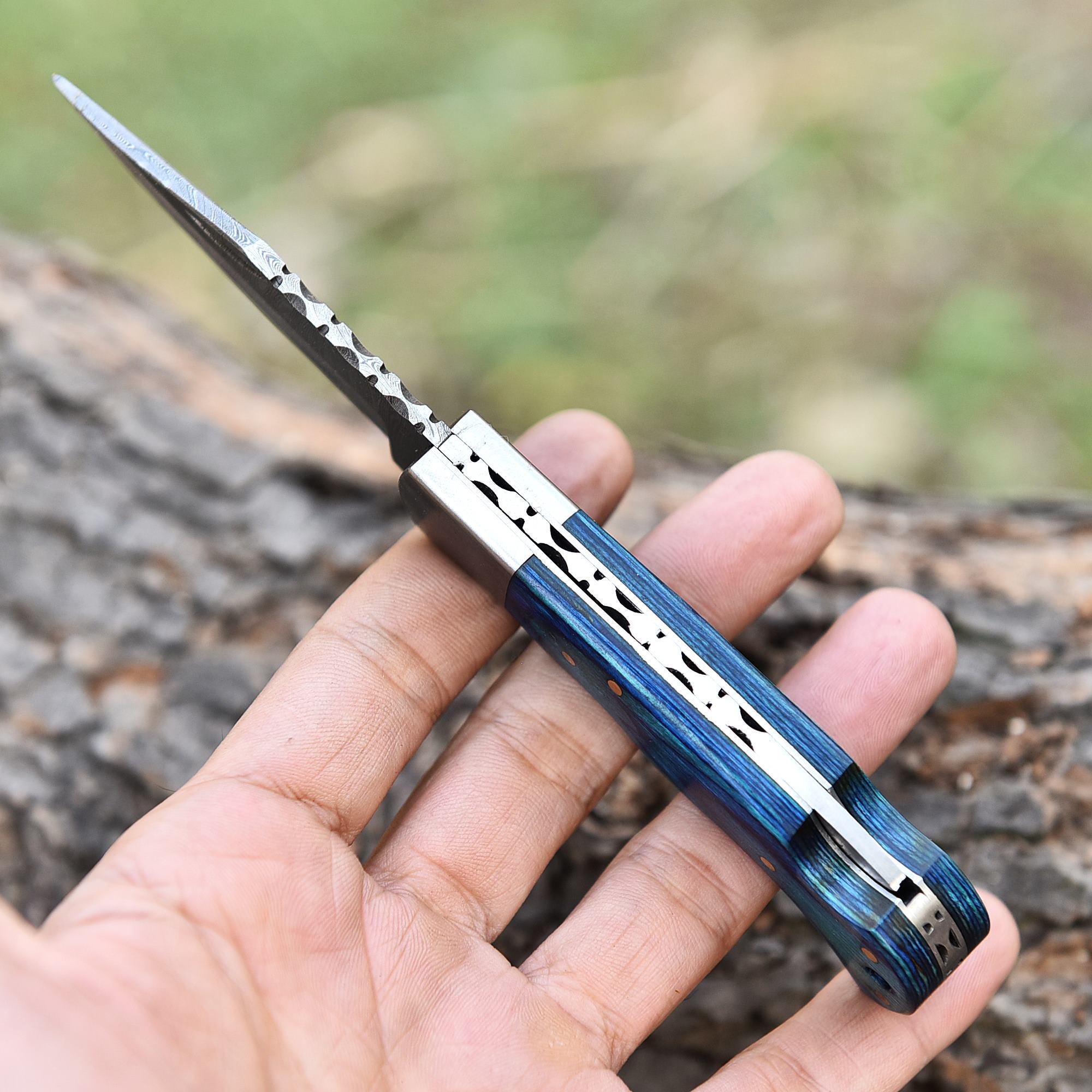 Handmade Damascus Folding Knife Pocket Knife with Leather Sheath, Pakka Wood Handle, Camping Knife, Retirement Gift For Him, Fathers Day