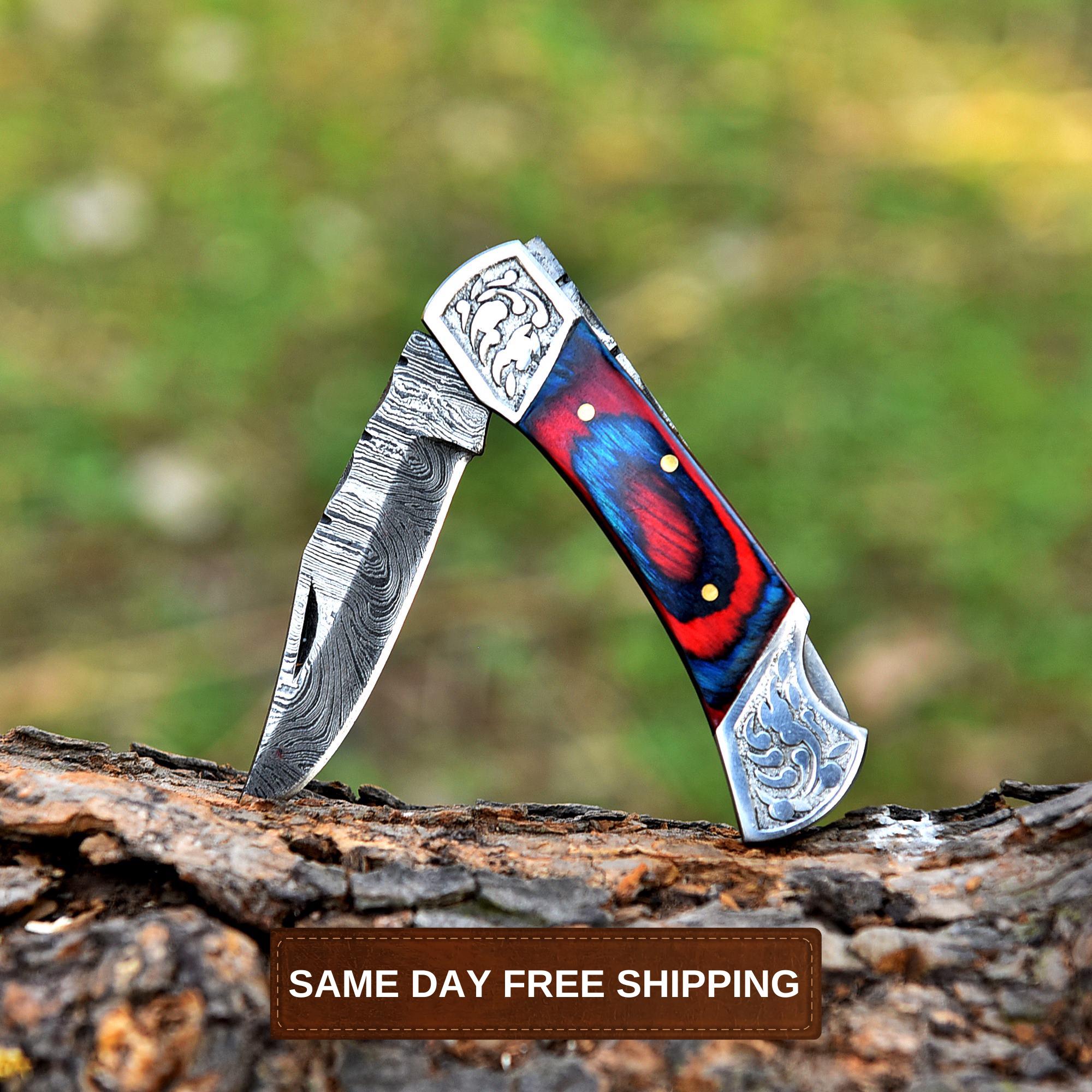 Handmade Damascus Steel Folding Knife, Pakka Wood Handle, Handmade Damascus Steel Toxified Pocket Knife, Camping Knife, Birthday gift