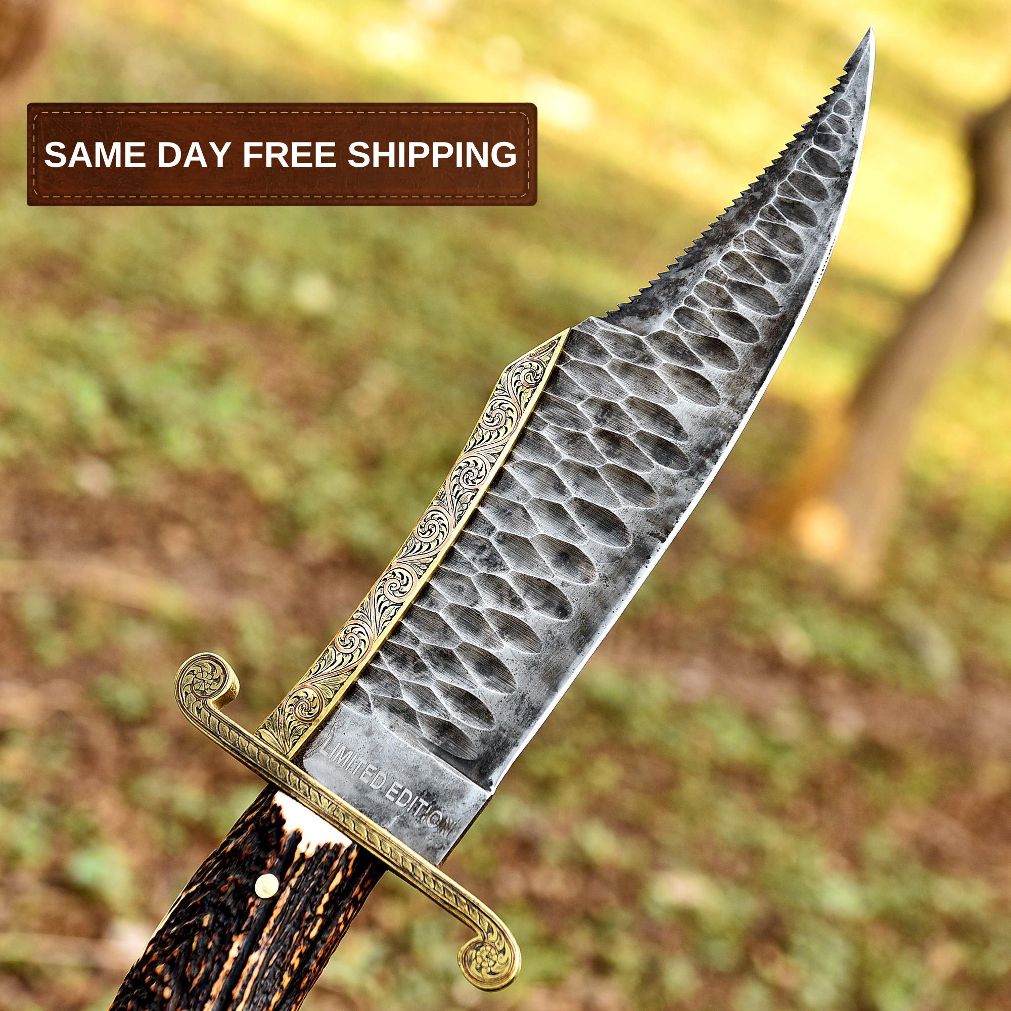 Handmade Full Tang Big Bowie Hunting Knife, Stone Washed Stainless Steel, Stag Horn Brass Handle, Hand Engraved knife, Anniversary Gift