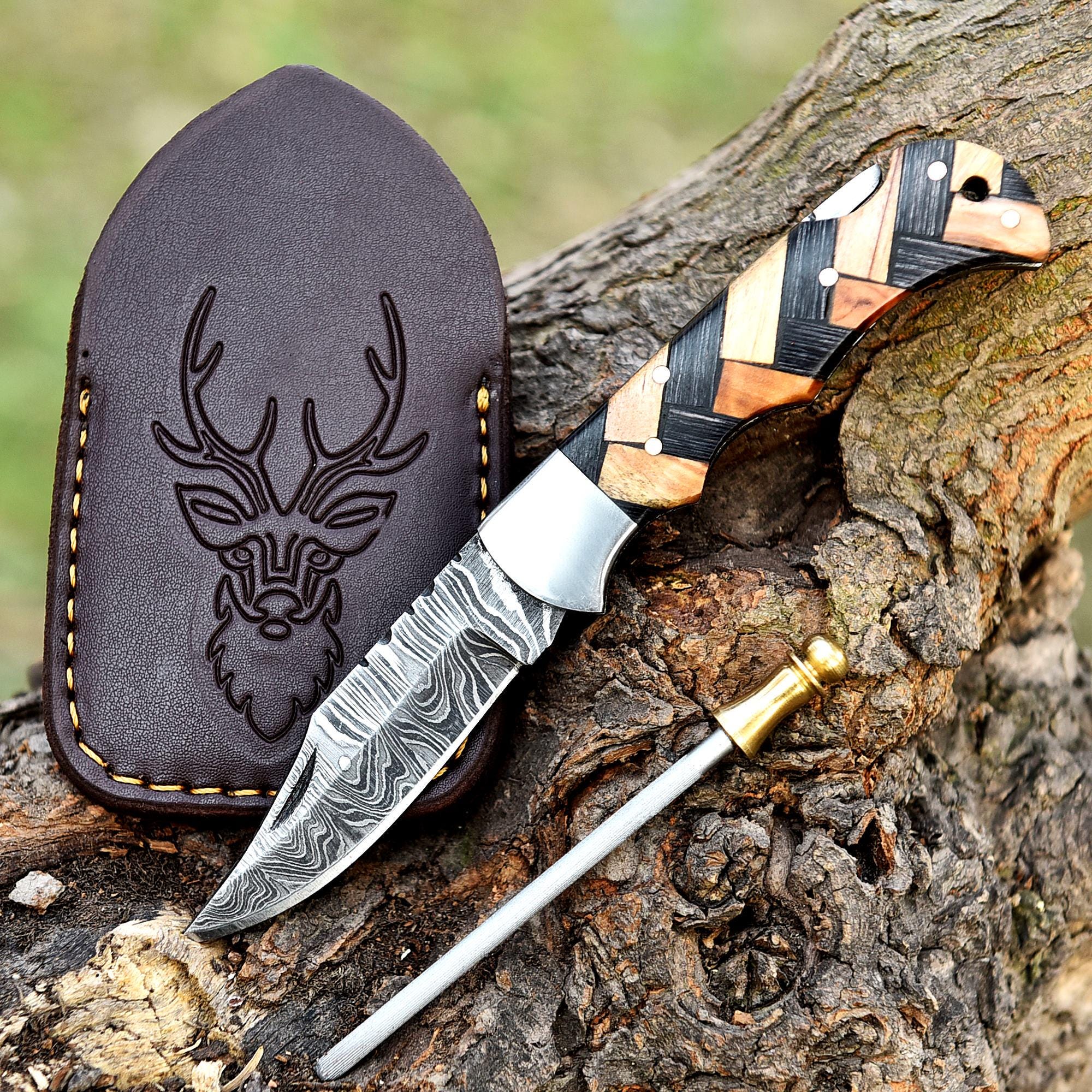 Handmade Damascus Pocket Knife Folding Knife Olive Wood Handle Birthday Gift Anniversary Wedding Personalized Gift for Men Groomsmen Gift