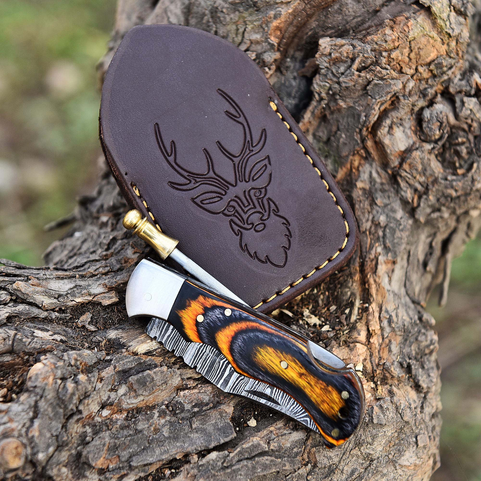 Handmade Damascus Steel Folding Knife Pocket Knife, King's Claw Pakka Wood Handle, Retirement Gift, Camping Knife, Birthday Gift