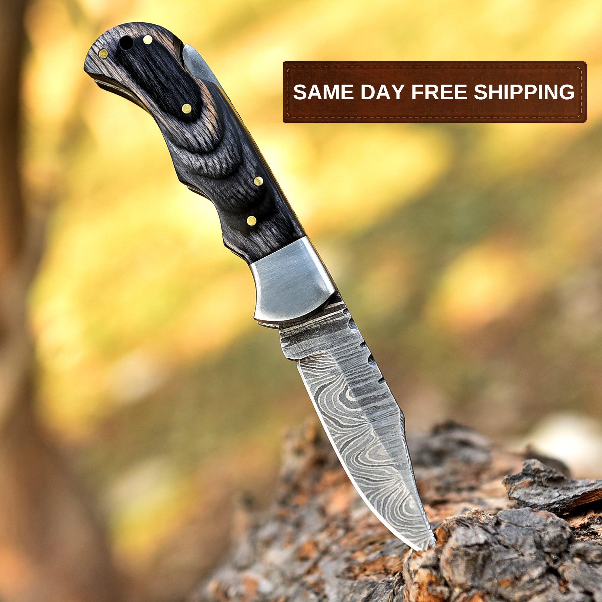 Premium Handmade Damascus Pocket Knife, Pakka Wood Handle, Folding Knife with Leather Sheath, Valorant Knife, Bread Knife, Fathers Day Gift