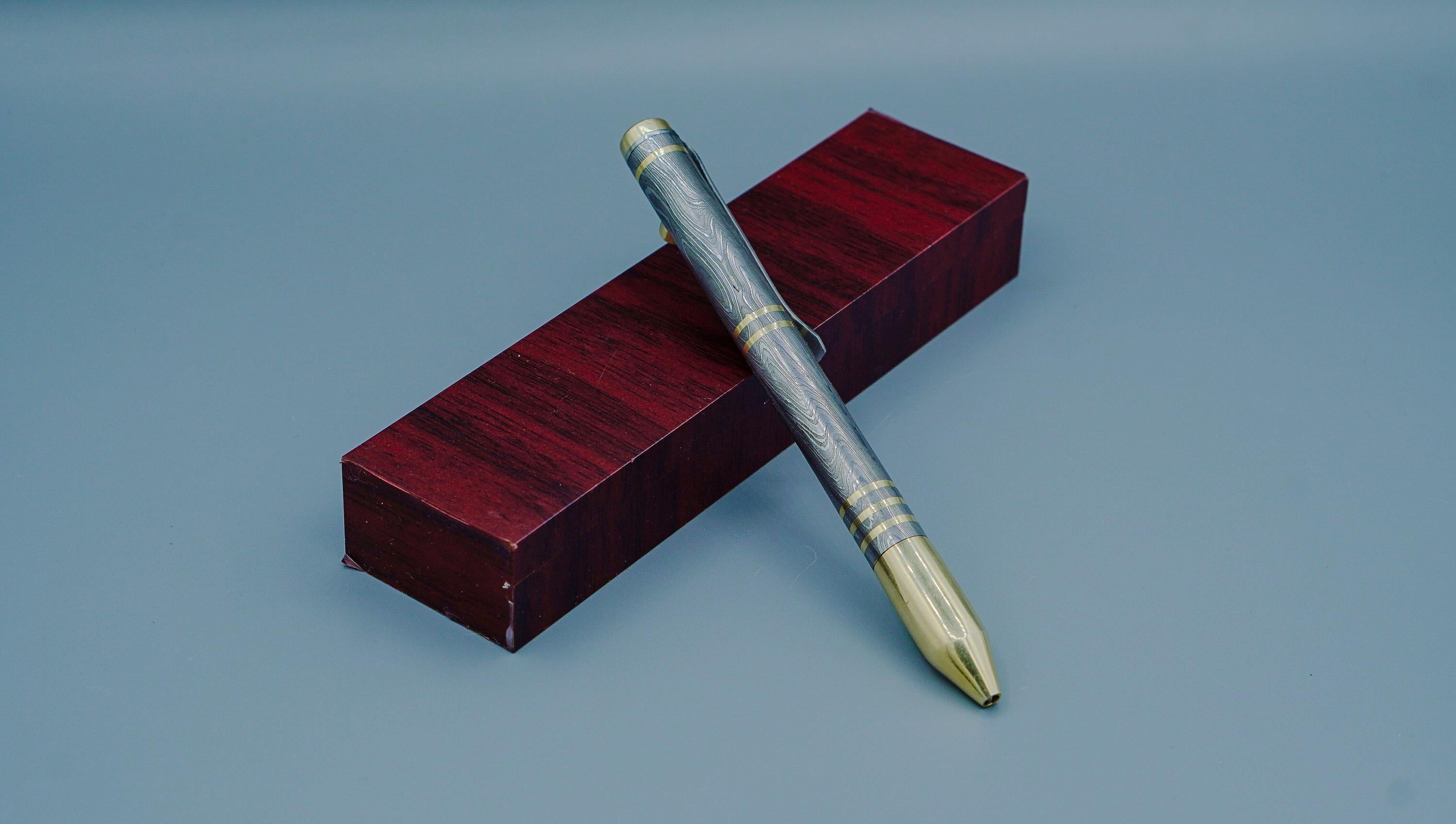 Handmade Damascus Steel Ballpoint Pen, Handcrafted Brass Accents with Pocket Clipper, Retirement Gift, Personalized Pen, Groomsman Gift