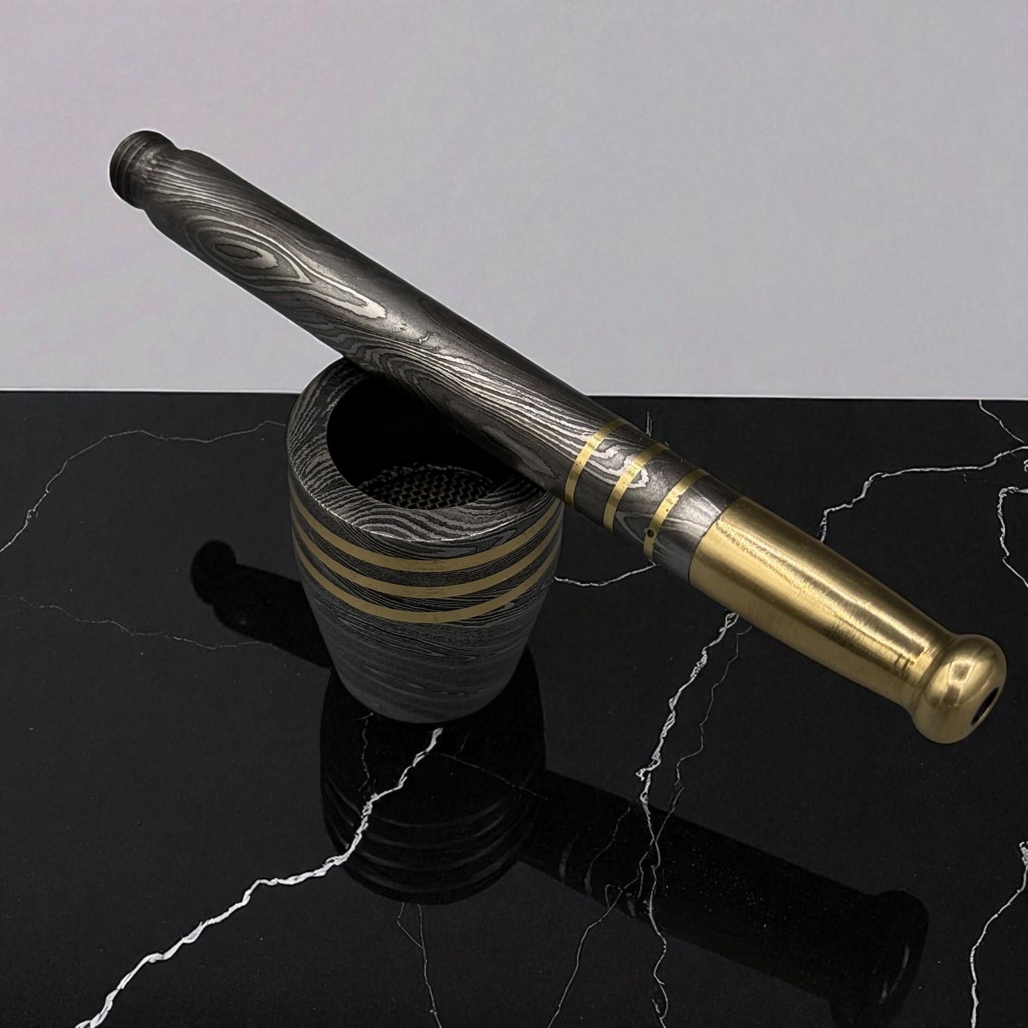 Handmade Damascus Steel Smoking Pipe with Brass, Tobacco Pipe, Mesh Gauze Filter, Custom Gift for Him, Groomsmen Gift, Unique Smoking Tool
