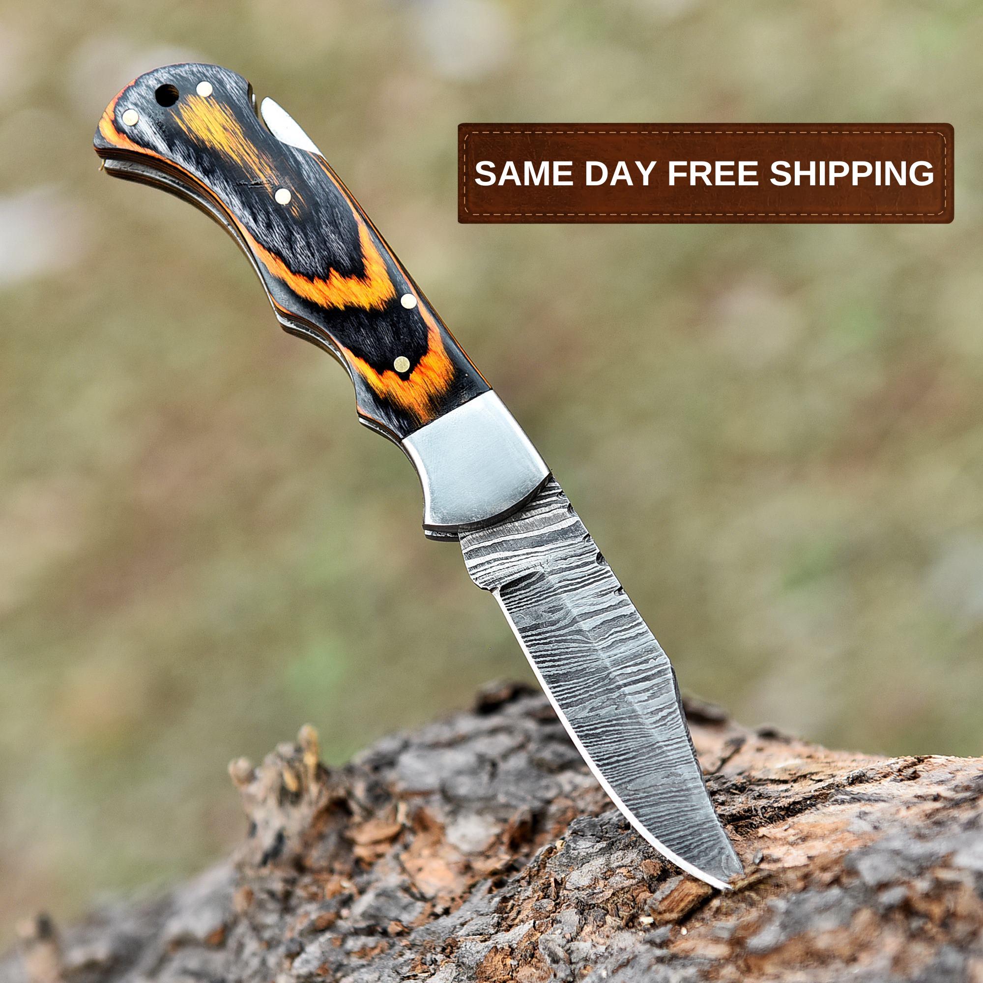 Handmade Damascus Steel Folding Knife Pocket Knife, King's Claw Pakka Wood Handle, Retirement Gift, Camping Knife, Birthday Gift