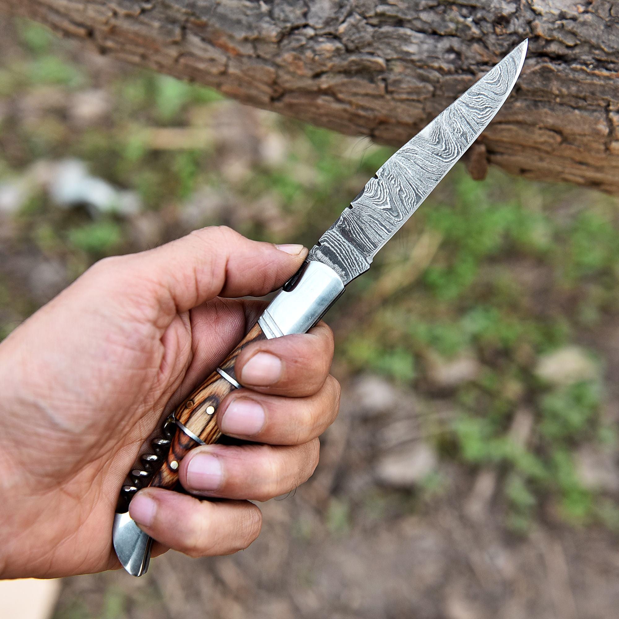 Handmade Damascus Corkscrew Pocket Knife Folding Knife Brown Wood Handle Camping Knife Birthday Gift Anniversary Personalized Gift for Men