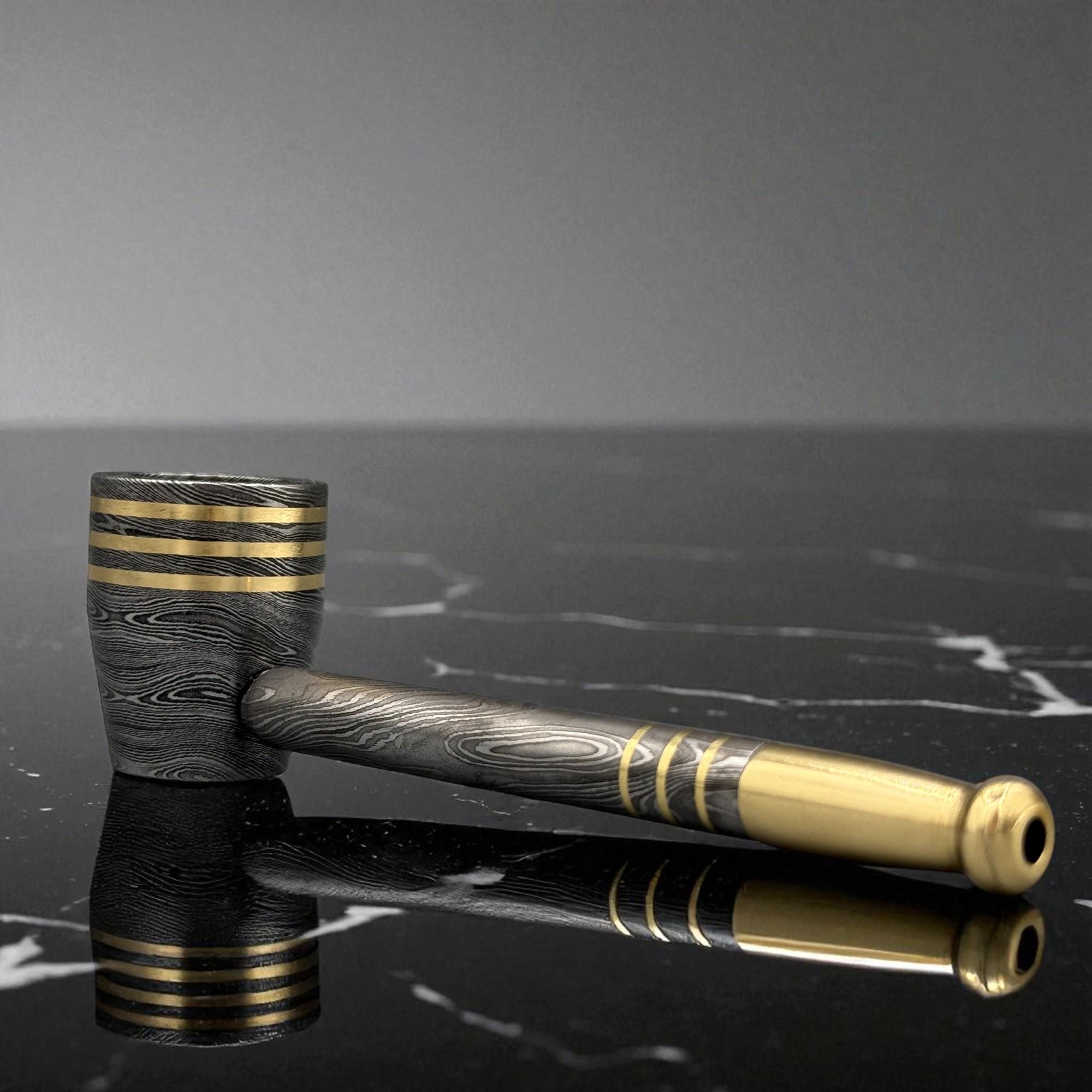 Handmade Damascus Steel Smoking Pipe with Brass, Tobacco Pipe, Mesh Gauze Filter, Custom Gift for Him, Groomsmen Gift, Unique Smoking Tool