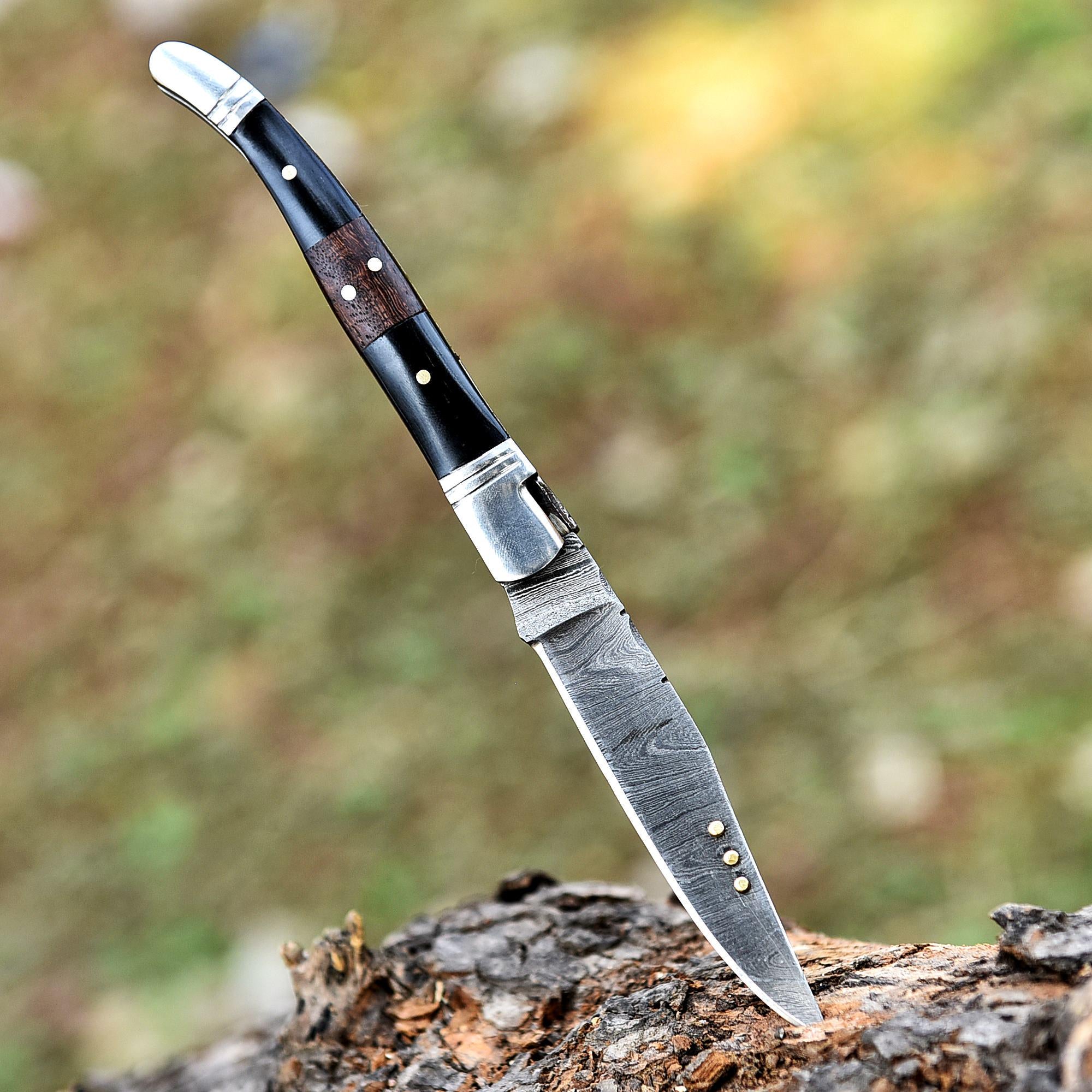 Handmade Damascus Folding Knife Pocket Knife Black Ram Horn Handle Birthday Gift Groomsmen Gift Anniversary Personalized Gift for Men