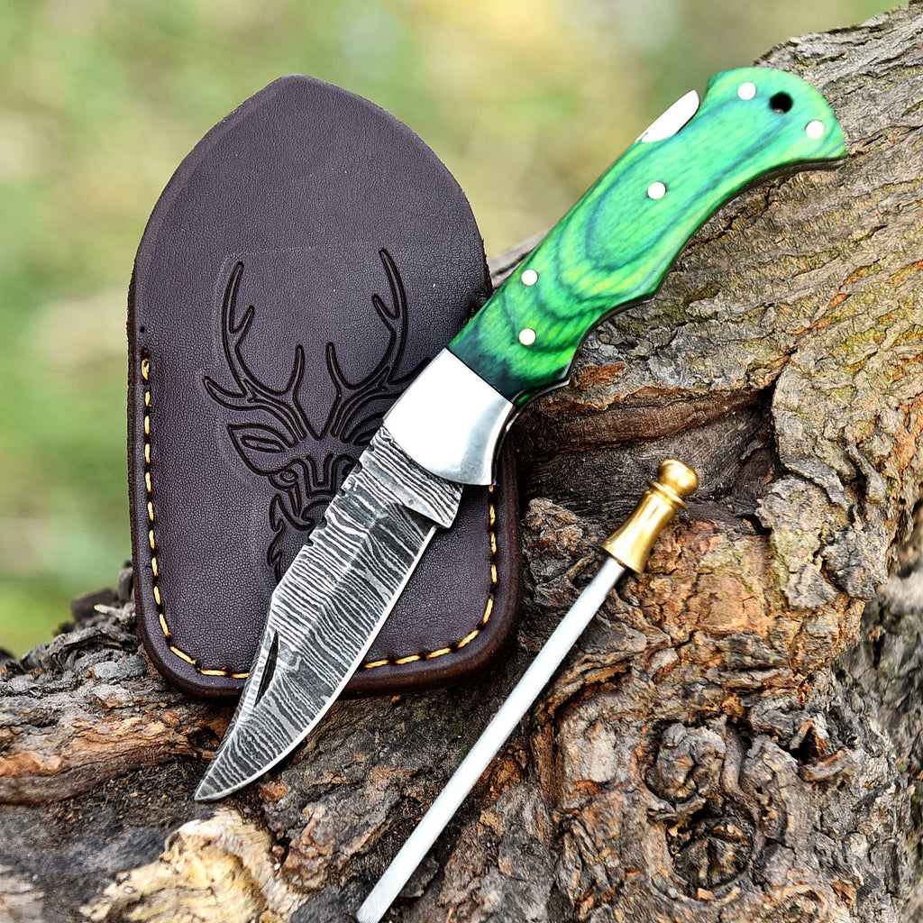 Damascus Steel Folding Knife Pocket Knife, Pakka Wood Handle, Hand Forged Damascus Steel Folding Knife, Retirement Gift, Groomsman Gift