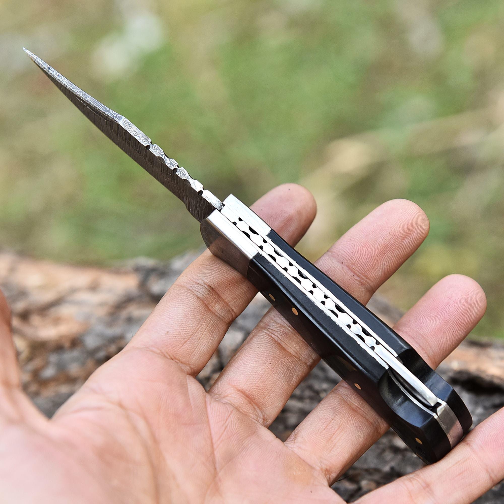 Handmade Damascus Pocket Knife Folding knife Anniversary gift Wood Handle Birthday Gift Personalized Gift for men Black horn Hunting knife