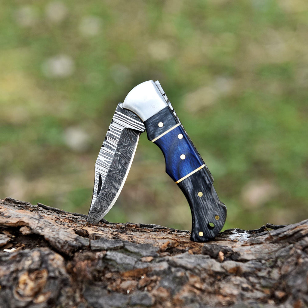 Premium Handmade Damascus Pocket Knife Folding Knife with Leather Sheath & Sharpener, Pakka Wood Handle, Chef knife, Valorant Knife