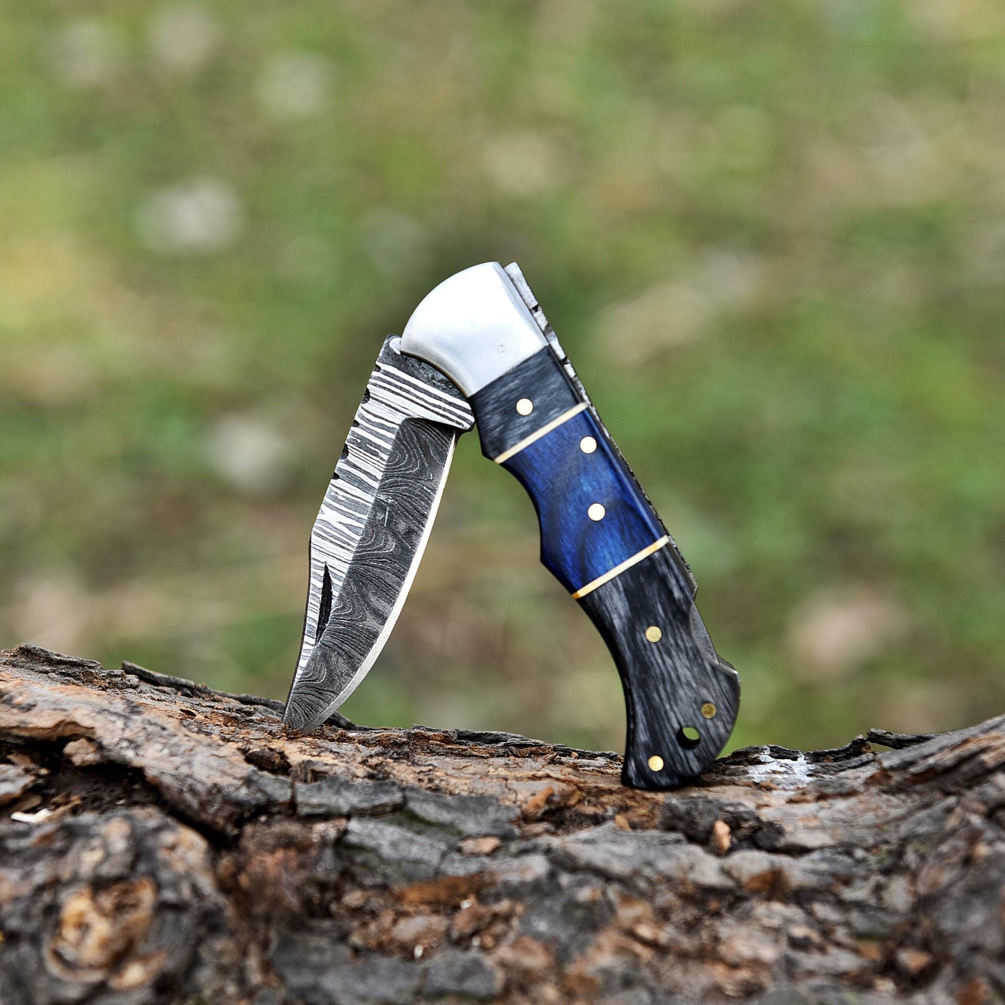 Premium Handmade Damascus Pocket Knife Folding Knife with Leather Sheath & Sharpener, Pakka Wood Handle, Chef knife, Valorant Knife