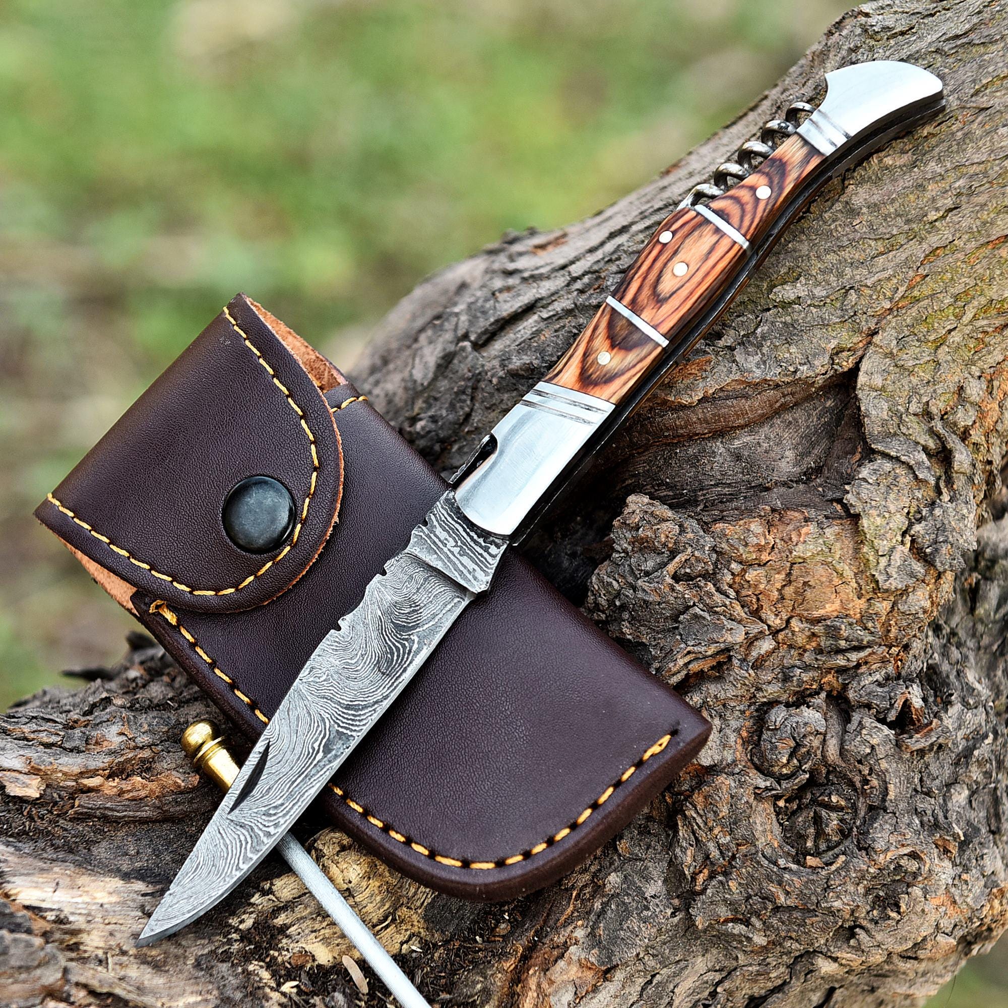 Handmade Damascus Corkscrew Pocket Knife Folding Knife Brown Wood Handle Camping Knife Birthday Gift Anniversary Personalized Gift for Men